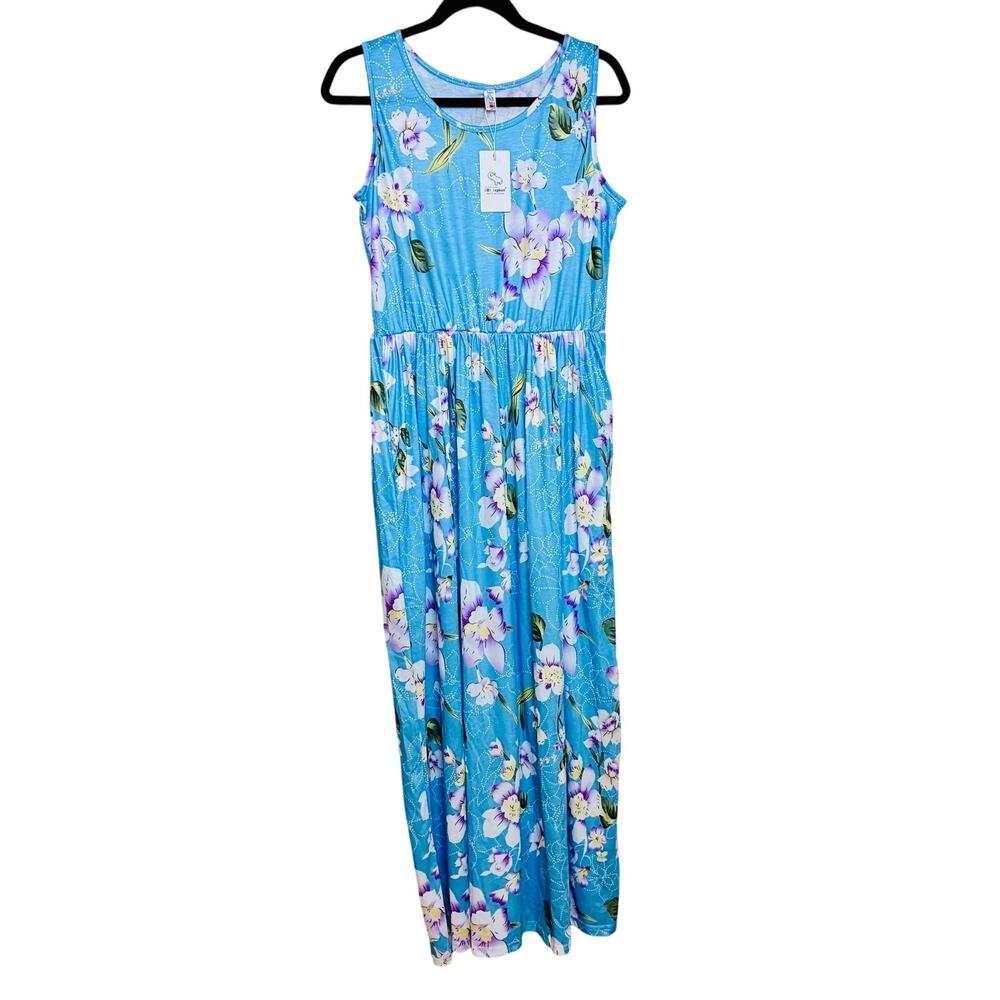 BBX Lephsnt Sky Blue Tank Swing Maxi Dress Floral NWT US L Pockets Poly Spandex